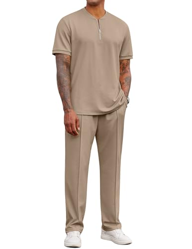 COOFANDY Men's 2 Pieces Outfits Casual Quarter Zip Polo Shirt