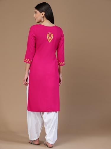 Image of QAZMI Women's Rayon Cotton Straight Keyhole Neck Three-Quarter Sleeves Kashmiri Embroidery Kurti