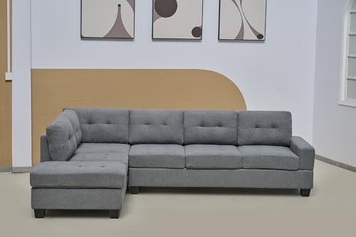 SofaHeaven Western Grey Fabric Corner Sofa With Cup Holder & Ottoman - L shape High Back Suite For Living Room - Cheap Sofas & Couches-3020 (Left Hand Side)