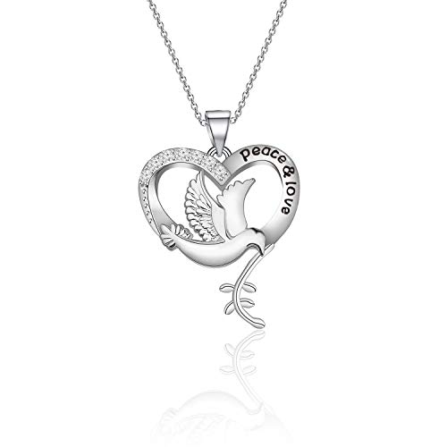 WSNANG White Dove Jewelry Peace And Love Necklace Dove In Heart Necklace Peace Statement Gift