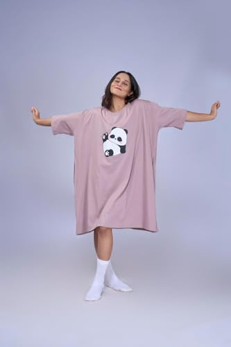 Image of LAMA STORE Women's Printed Oversized T-Shirt Dress, Cotton, 3 /4 Sleeve Length, Casual Loose Fit, Comfort Wear Extra Comfy Oversized Printed Pocket T-Shirt Dress