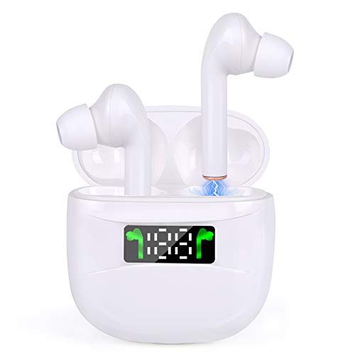 Wireless Earbuds, Bluetooth 5.0 TWS Headphones Noise Canceling Headset Stereo Waterproof Headphones Sport Wireless Headphones in Ear with Mini Charging Case and mic for Sport/Travel/Gym (White)