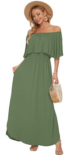 Image of AUSELILY Womens Off Shoulder Ruffle Split Summer Maxi Dresses with Pockets | Off-shoulder Ruffle dress with empire waist & side split for summer beach and casual parties