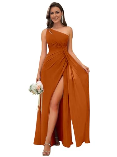 Image of OFEECHUN Women's Chiffon One Shoulder Bridesmaid Dresses Long Pleated Formal Evening Gowns with Slit