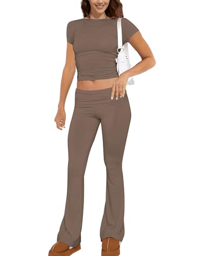 ROFUSSO Verano Mujeres Dos Piezas Lounge Set Slim Fit Tops de Manga Corta y Yoga Flare Pantalones Chándal Leisure Outfit Fitness Conjunto Deportivo