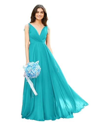 Image of HSFIYAKJ Bridesmaid Dresses Long Chiffon Formal Dress Open Back V Neck Evening Prom Gown for Women with Pockets