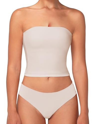 Sunzel Women’s Strapless Sexy Tube Top Double Lined Sleeveless Crop Top Summer Basic Bandeau Tops for Layering or Going Out Beige Medium