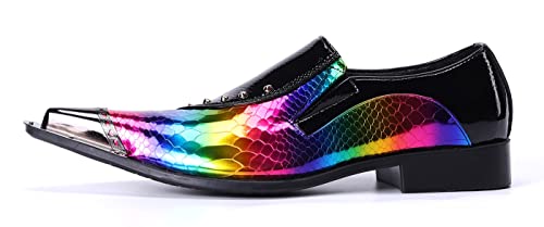 Santimon Mens Loafer Shoes Formal Dress Prom Rainbow Burnished Genuine Leather Lined Rivet Metal Cap Tip Sleek Luxury Party Shoes3