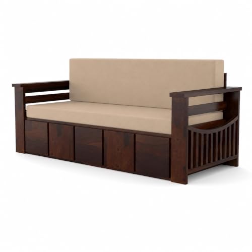 Image of Kunjal Furniture Solid Sheesham Wood Sofa Cum Bed with Storage for Living Room | Natural Finish | 3-Seater Convertible Sofa Bed | Handmade Wooden Furniture (Walnut (Beige), Contemporary)