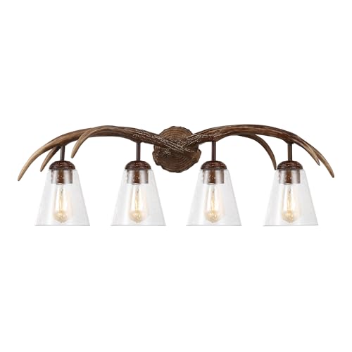 Image of JONATHAN Y 32.5 inch Brown Wood Finish 4-Light Resin Antlers Vanity Light Wall Sconce Rustic Farmhouse for Living Room Bathroom with Clear Seeded Glass Shades LED Bulbs Included JYL6315A