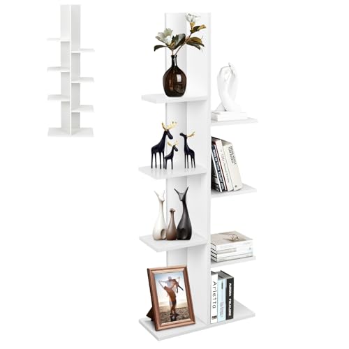 HOMASIS Libreria Verticale a Colonna da Terra a 7 Livelli, Libreria ad Albero in Legno, Angoliera Libreria Scaffale per Salotto, Soggiorno, Ufficio, Portata di 40 kg, 50 x 20 x 141 cm (Bianco)