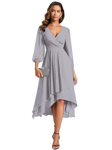 Image of Ever-Pretty Women's Chiffon V Neck Long Sleeves A-Line Midi Length Wedding Guest Dress Cocktail Party Formal Dresses 01926