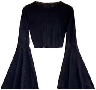 SILES FASHION Women Ribbed Crop Top with Bell Sleeves | Stylish Slim Fit Long Sleeve Top for Girls | Color Black Size XS Price In India