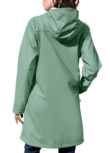 EnduaReve Regenmantel Damen Übergangsjacke PU Wasserdicht Frauen Regenjacke Lang Parka Regenparka mit Kapuze Outdoor grün L