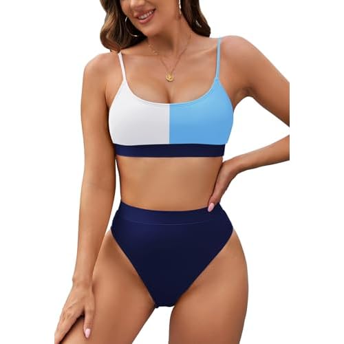 Pink Queen Plus Size High Waisted Bikini Set for Women Two Piece Cheeky High Cut Swimsuit Bathing Suit White M Small 01 - Zwhite and Blue