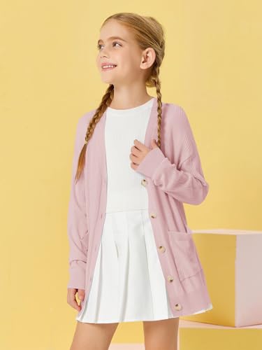 Image of Girls Cardigans Kids Fashion Open Front Long Sleeve Knit Sweaters Outerwear with Pockets 5-14 Years Pink