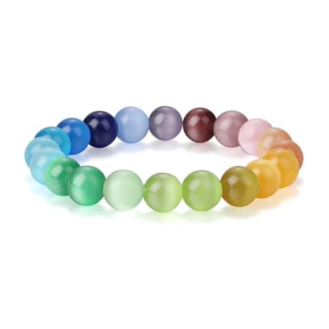 HANGINTHERE Natural Cat's Eye Gemstone Beaded Bracelet for Women,8mm 7 in Elastic Cover