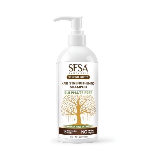 Image of Sesa Ayurvedic Strong Roots Hair Strengthening Shampoo, 300 ml With Banyan Tree Extract & 16 Ayurvedic Herbs | Sulphate & Paraben Free | For Weak, Dull, Breakage-Prone Hair | All Hair Types