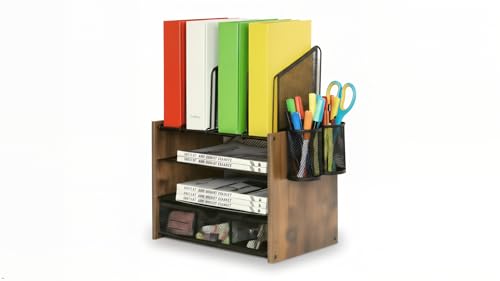 HOUSE OF BAZAAR Wooden & Metal Desk Organizer – 4-Tier Vertical Desktop Storage with File Trays, Pen Holder & Drawer – Space-Saving Office & Home Workspace Organizer
