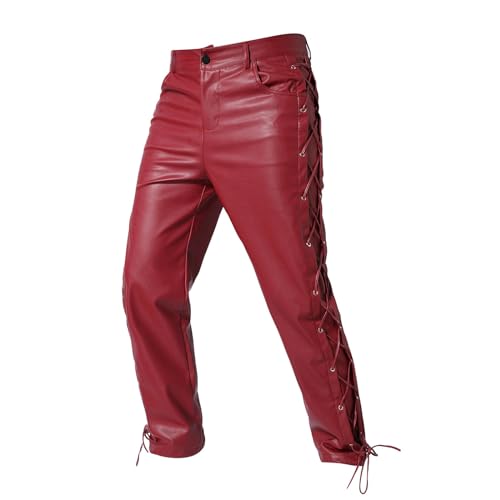 vejtmcc Pantalones de motorista para hombre, de piel, con cordones laterales, pantalones de motorista, pantalones de motorista, ajustados, de piel suave para un ajuste cómodo, rojo, 5XL