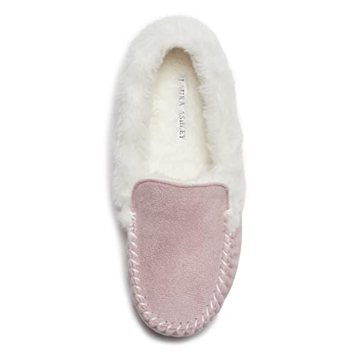 Laura Ashley Womens Micro Suede Memory Foam Moccasin Slippers, Warm Fuzzy Rubber Bottom Indoor Outdoor Faux Fur House Shoes