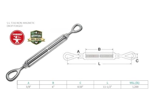 Prolinemax Tensores para Cables de Acero Ojal de Acero Inoxidable Marino T316 Forjado en Frío 3/8" x 6" miniatura 2