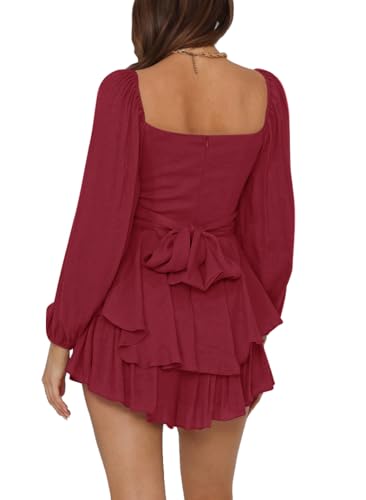Image of LYANER Women's Jumpsuit Lantern Long Sleeve Ruffle Layer Tie Mini Short Romper