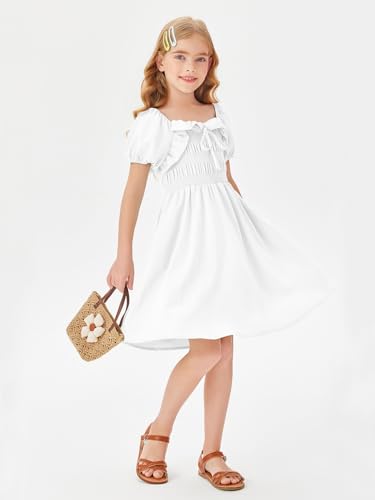 Batermoon Girls Summer Dresses Boho Smocked Puff Sleeve Casual Flowy Sundress 7-14 Years3