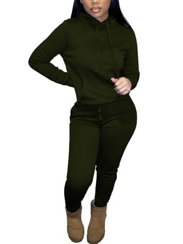 HTD Two Piece Outfits for Women Casual Sweatsuits Set Long Sleeve Hoodie Tracksuit Pullover Jogger Sweat Pants Set Army Green L