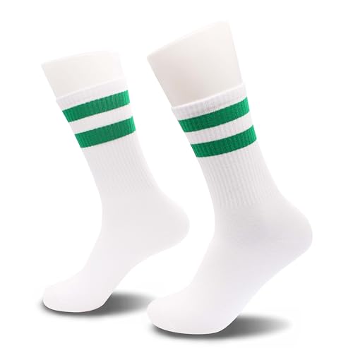 Classic Striped Tube Socks, Soft Cotton Retro Tube Socks For Men, Women& Teens, 1 Pairs, White/Green - Christmas Fathers Day Graduation Cotton Gift For For Men, Women, Teens. (151)