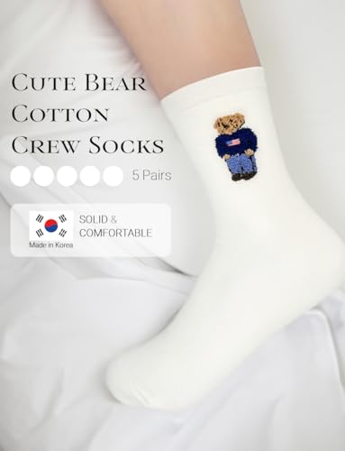 5 Pairs Cute Bear Cotton Crew Socks, Size 4-72