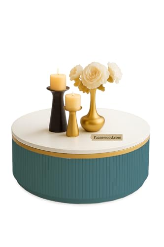 Image of Modern Round Centre Table - 76x76x46 cm | White Marble Top with Gold Accent Strip & Charcoal Louvers | Luxury Coffee & Tea Table for Living Room, Lounge & Entryway (Sea Blue)
