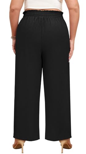 Lastshe Women's Plus Size Wide Leg Pants Elastic Waist Hide Drawstring Loose Work Pants Palazzo Trousers with Pockets3
