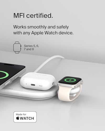 Image of Belkin BoostCharge USB-C Portable Charger for Apple Watch (MFi Certification, for Apple Watch Series 9, Series 8, Series 7, Ultra, etc., Compatible with MacBook, iPhone 15, etc., White)