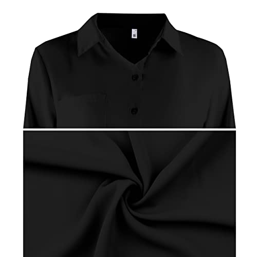 Aisew Womens Casual Button Down Shirts V Neck Chiffon Short Sleeve Collared Office Work Blouses Tops With Pocket (1187Black, Large) #TOP5