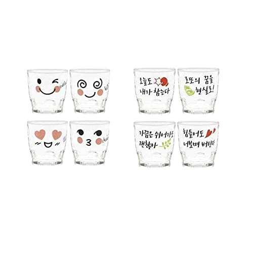 SOJU Glass Shot Glasses - Korean Alcohol Glassware With Cute Icon Characters + Hangul Wise Saying - 8 PCS Set
