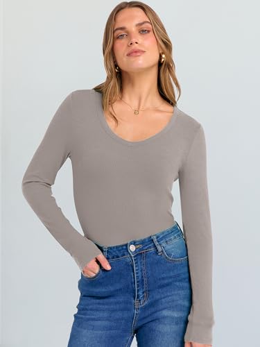 Image of ANRABESS Long Sleeve V Neck Shirts for Women | Soft Comfy Ribbed Knit Fitted Tshirts, Casual Going Out Tops, 2026 Trendy Basic, Fall Winter Underscrub Layering Clothes