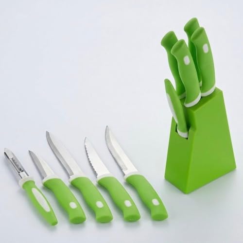 Image of Kitchen Knife Set with Stand, Stainless Steel Blades, Green Handles, Includes Peeler