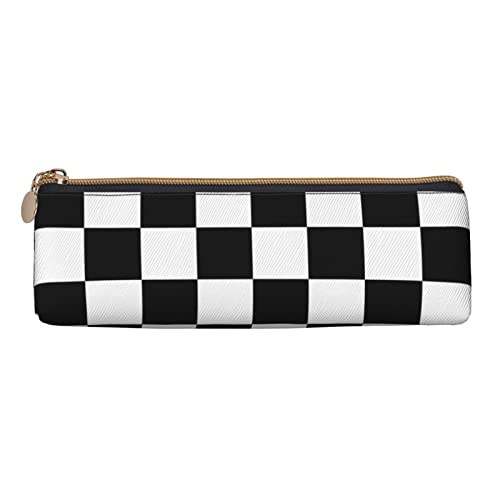 Image of Black White Race Checkered Flag Pattern Leather Pencil Case Zipper Pen Makeup Cosmetic Holder Pouch Stationery Bag for School, Work, Office