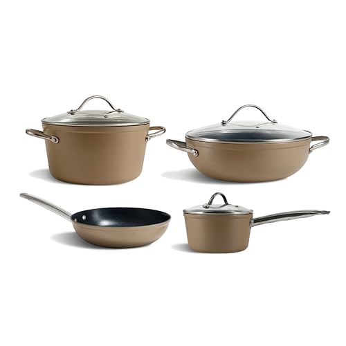 Image of Get Plumm Ceramic 7 Pcs Cookware Set | 16cm Saucepan, 20cm Pot, 26cm Kadhai, 20cm Fry Pan with Lids | ISI Certified | PFAS & PTFE Free | Gas & Induction | 1 Year Warranty | Cream Gold