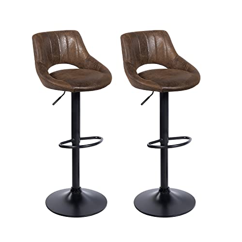 Zouron Tabouret de Bar Vintage Lot de 2, Tabouret Bar Industriel en Similicuir, Hauteur Réglable et Pivotant 360°, Chaise de Bar avec Repose-Pieds et Dossier pour Comptoir et Cuisine, Brun