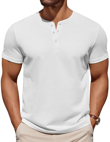 COOFANDY Herren T-Shirts Henley Shirt Kurzarm Basic T Shirt mit Knopfleiste 63% Baumwolle 37% Polyester Weiß L