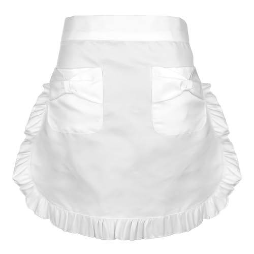 Damen Taillenschürze mit Schleifentaschen Vintage-weiße Kellnerschürze verstellbare Rüschen kurze Halbschürzen Dienstmädchen-Französisches...