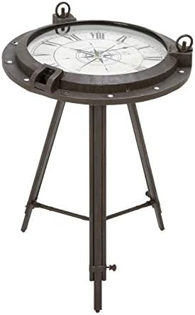Deco 79 Metal Compass Accent Table with Clock and Clear Glass Top, 19" x 19" x 24", Black