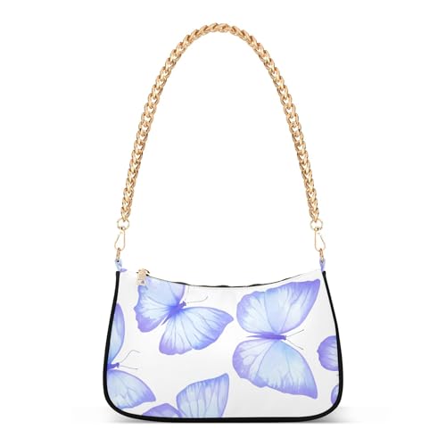 Zipper Print Shoulder Purses Light Blue Purple Butterflies White Medium Handbag Tote Luxury Womens Hobo Totes Purse Bags with Chain Strap