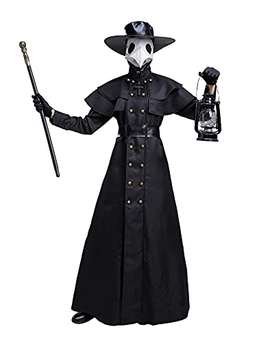 Feynman Disfraz medieval steampunk de médico de la peste negra para hombre, disfraz de médico para Halloween con juego de accesorios, color negro, talla XL