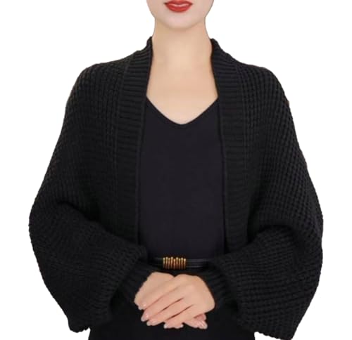 Women's Kimono Batwing Cable Chunky Knitted Slouchy Oversized Wrap Cardigan Fashion Shawl Sweater Open Front Outwear Coat Black