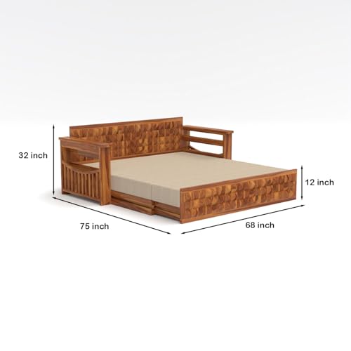 Image of Kunjal Furniture Solid Sheesham Wood Sofa Cum Bed with Storage for Living Room | Natural Finish | 3-Seater Convertible Sofa Bed | Handmade Wooden Furniture (Natural, Diamond)