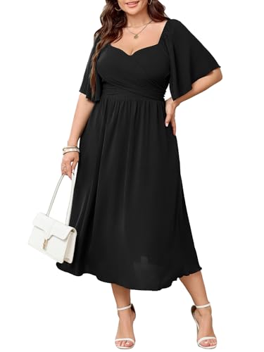 Women's Plus Size Midi Dress Sweetheart Neck Short Sleeve Wedding Guest Cocktail A Line Flowy Dress