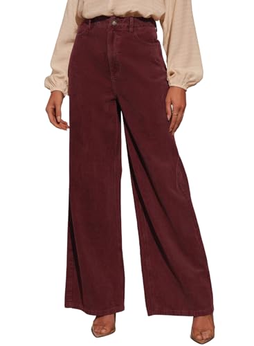 Sidefeel Womens Corduroy Pants Casual High Waisted Wide Leg Elastic Waist Loose Trousers with Pockets Racing Red Large